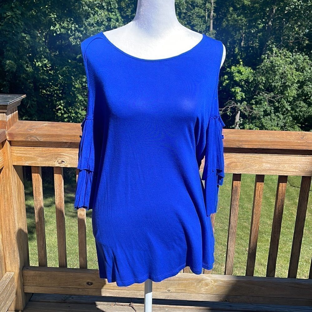 International Concepts top, blue, cold-shoulder with ruffled sleeves, large